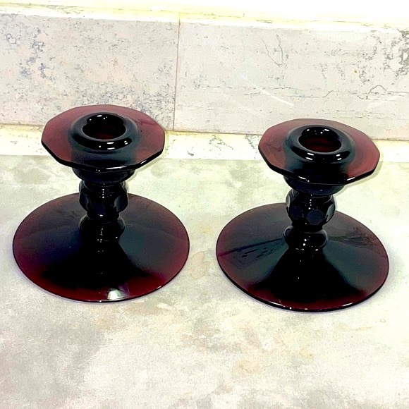 Pair of 2 Black Amethyst Candlestick Holders Decagon Pattern Excellent Condition - Picture 3 of 9